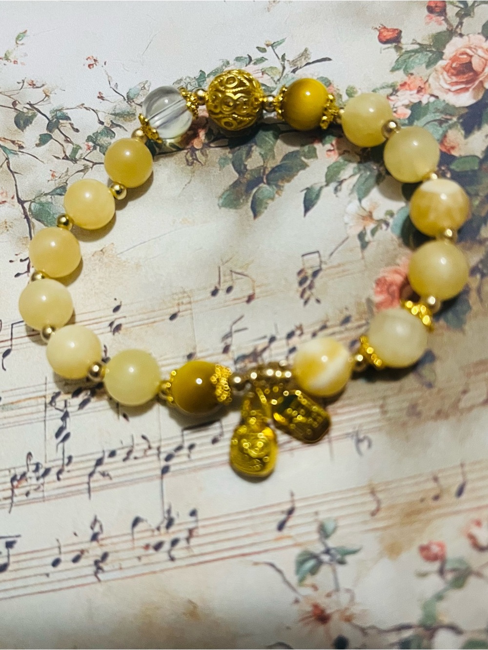 Yellow Beaded Charm Bracelet with Gold Accents - Women Jewelry